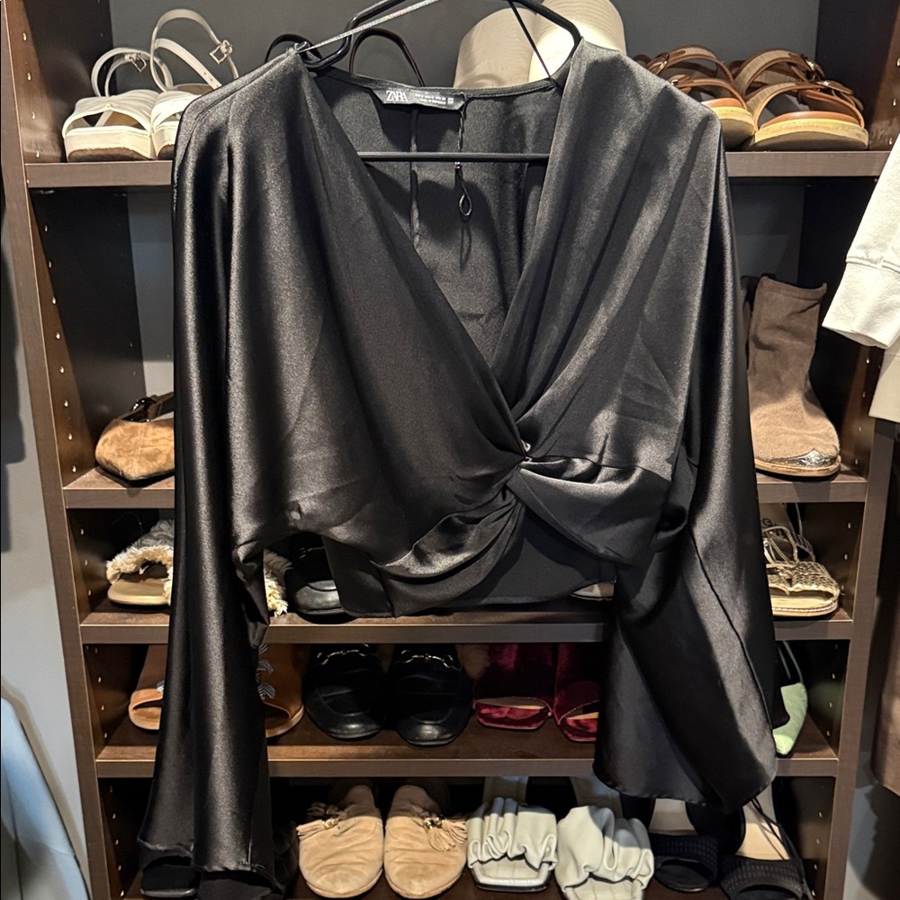 Black Zara Satin Twist Front Blouse cropped